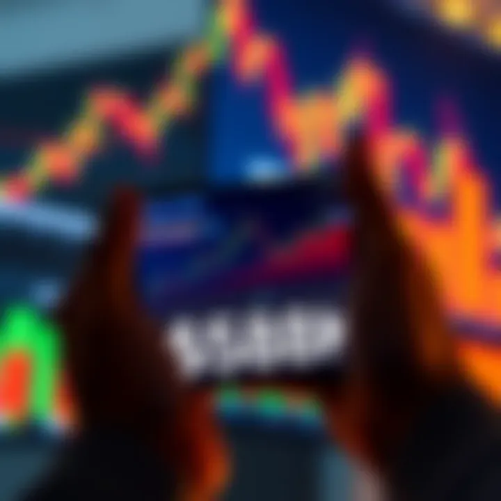 A person excitedly checking a Bitcoin chart on their smartphone, showing a price of $58,000 with upward trends and colorful graphs in the background.