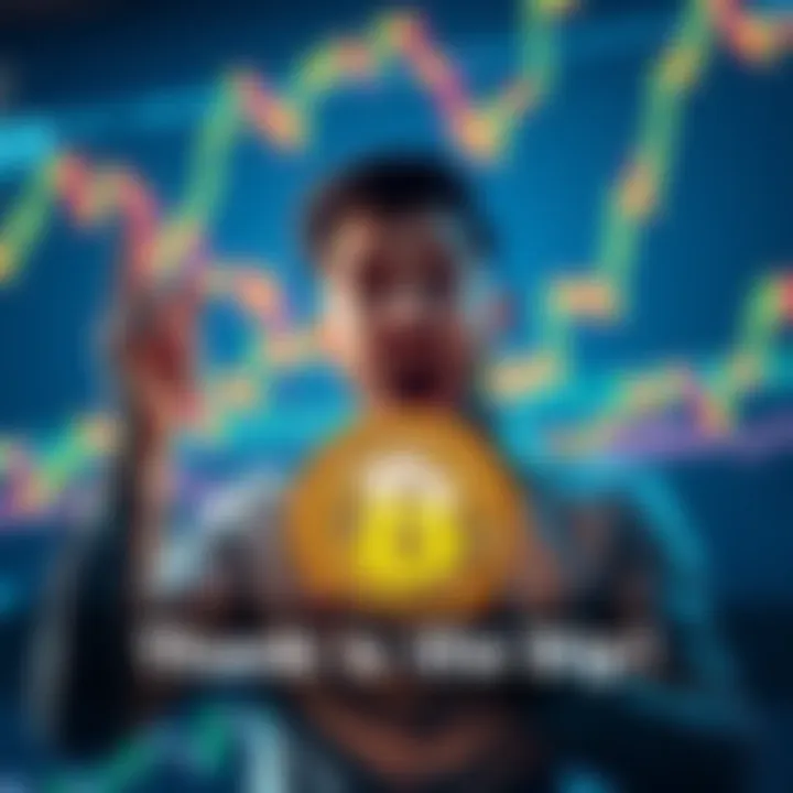 A person looking excited while holding a Bitcoin symbol, surrounded by falling price charts, representing a market dip