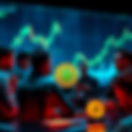 Group of people engaging in a discussion about Bitcoin Cash and block sizes, with a digital chart background.