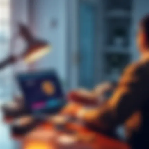 A person at a desk with a laptop showing a Bitcoin wallet, stacks of cash, and a bank statement, representing cashing out Bitcoin profits.