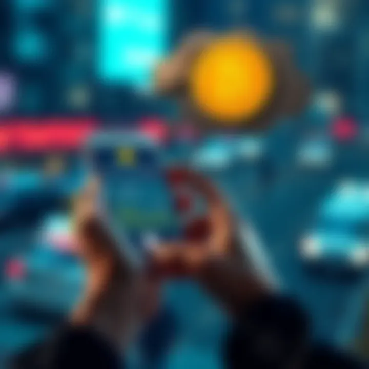 A person holds a smartphone showing Bitcoin value, contemplating whether to cash out or hold. A thought bubble shows cash and a Bitcoin symbol, representing the decision.