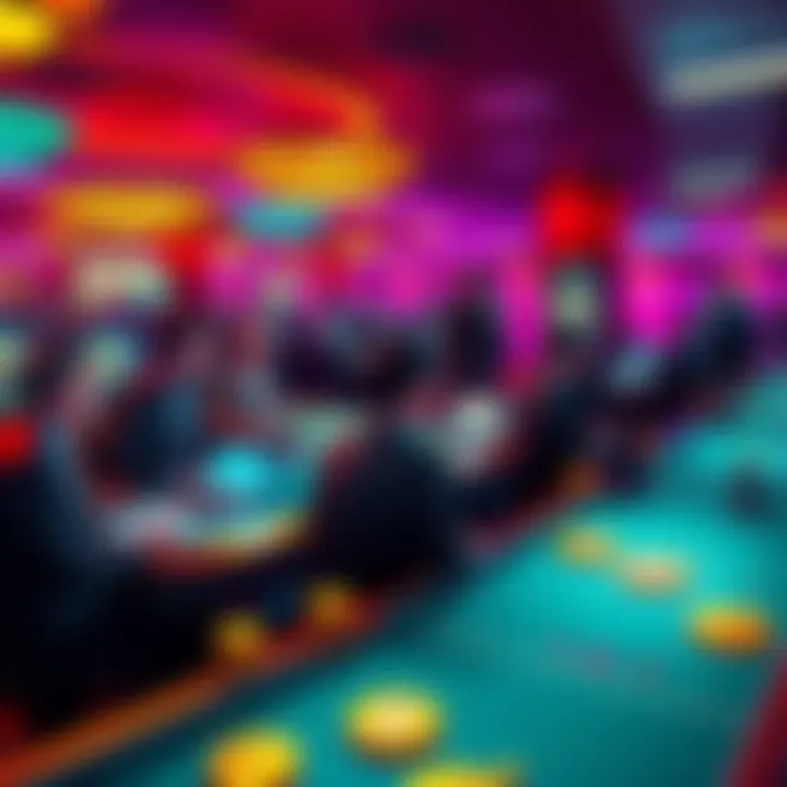 A vibrant casino setting illustrating people gambling with Bitcoin, showing winners and losers at gaming tables featuring Bitcoin symbols, reflecting the financial risk involved in cryptocurrency investments.