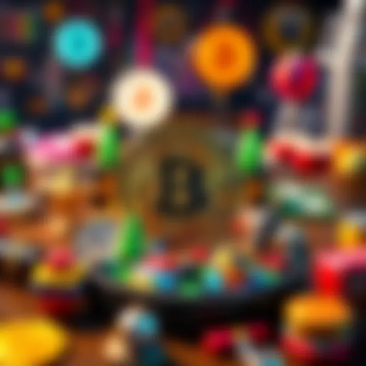 A colorful Bitcoin coaster with the Bitcoin logo displayed prominently, surrounded by playful decorations symbolizing cryptocurrency enthusiasm. The background features a lively atmosphere of crypto-related items.