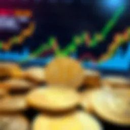 A pile of Bitcoin coins in front of various financial charts showing trends and growth