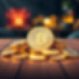 A pile of shiny Bitcoin coins on a wooden table, symbolizing Bitcoin's fixed supply limit of 21 million coins.