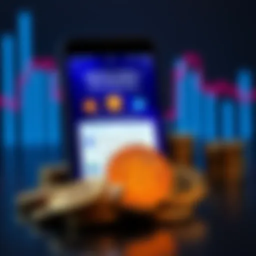 A smartphone displaying a Bitcoin wallet app with physical Bitcoin coins beside it