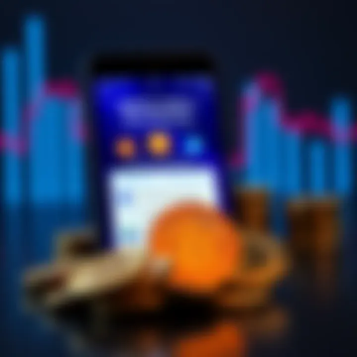 A smartphone displaying a Bitcoin wallet app with physical Bitcoin coins beside it