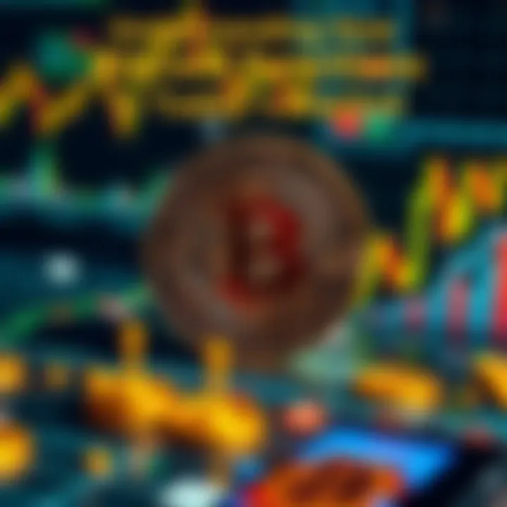 A visual representation of Bitcoin with a digital coin, blockchain symbols, and financial graphs in the background.