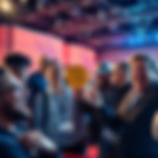 A group of enthusiastic people gathered at a conference venue, excitedly discussing Bitcoin with laughter and smiles.