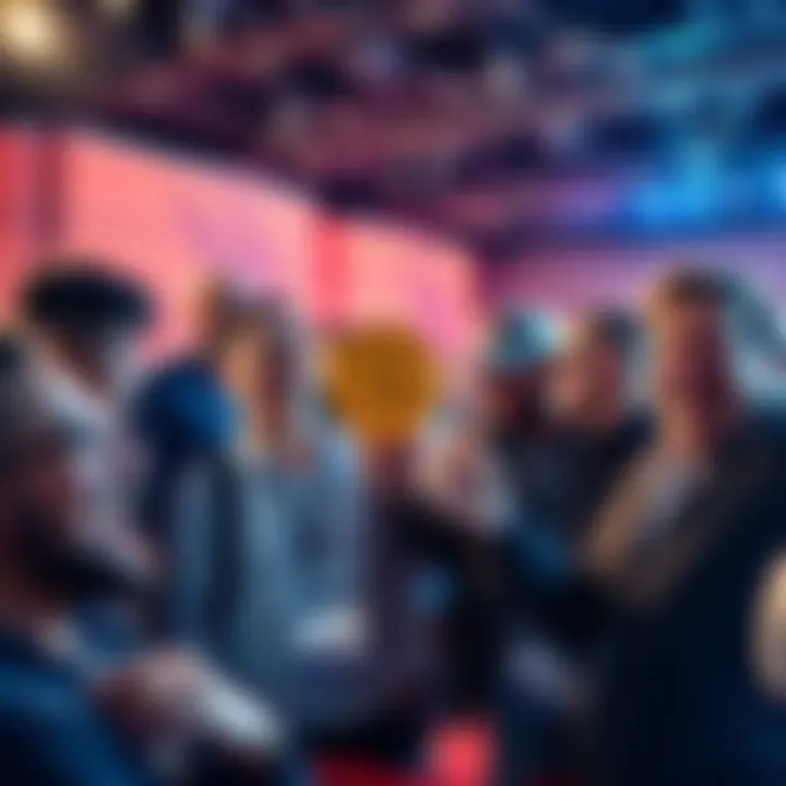 A group of enthusiastic people gathered at a conference venue, excitedly discussing Bitcoin with laughter and smiles.