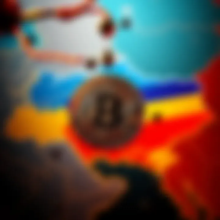 A Bitcoin symbol drops in value next to maps of Ukraine and Iran representing conflict zones