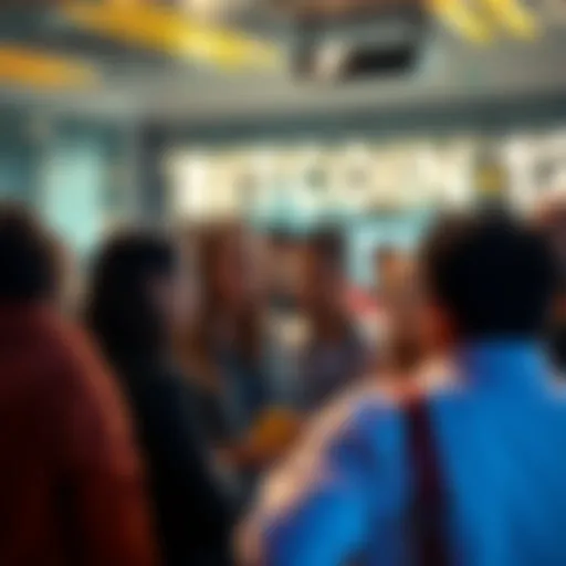 A diverse group of people engaging in a conversation about Bitcoin, showcasing personal connections in the cryptocurrency community.