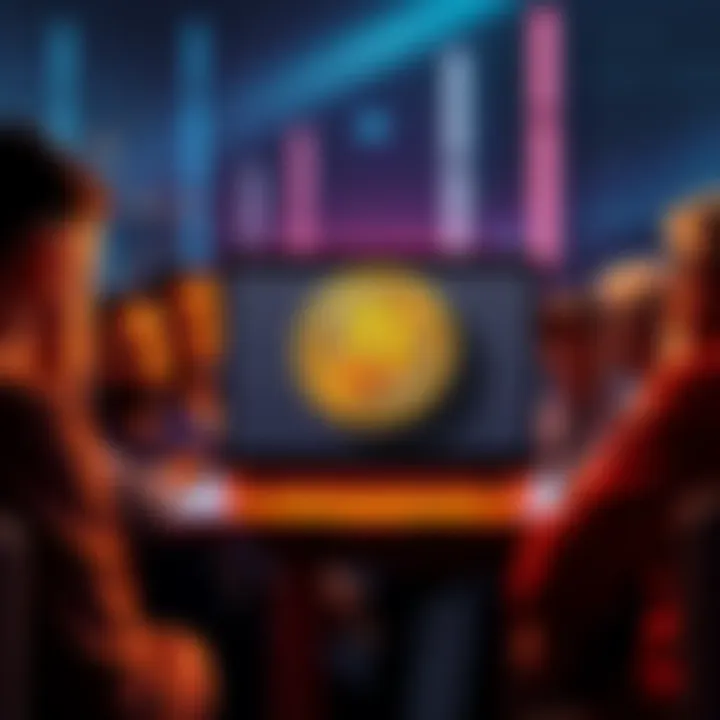 A group of people debating over Bitcoin with a laptop showing Satoshi Nakamoto's image on the screen.