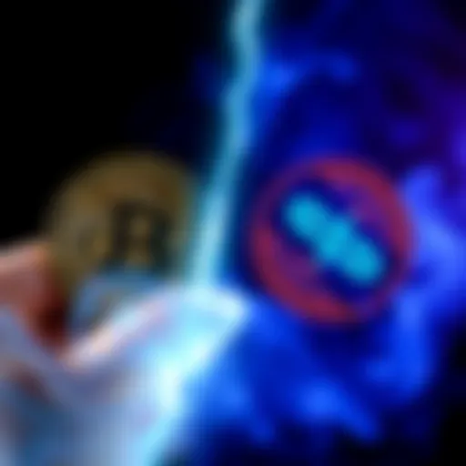 A visual representation showing the Bitcoin Core logo on one side and the Knots logo on the other, symbolizing the ongoing fork proposal, with a lightning bolt in between to illustrate conflict.