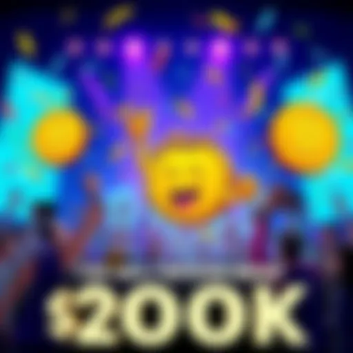 A colorful meme showing a cartoon Bitcoin character celebrating as the price nears $200K, surrounded by excited people and confetti.