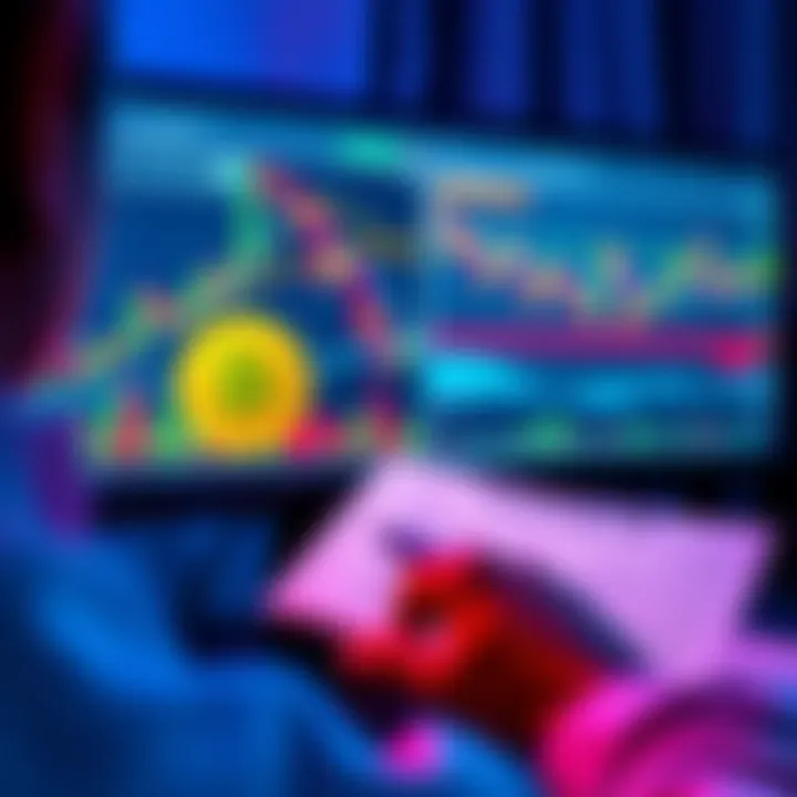 A person analyzing Bitcoin charts on a computer screen, with covered calls strategy highlighted in a financial document.