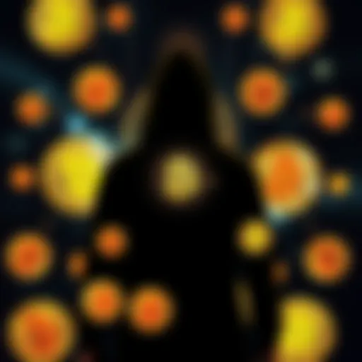 A silhouette of a person surrounded by Bitcoin logos and digital currency symbols, representing the unknown creator of Bitcoin.