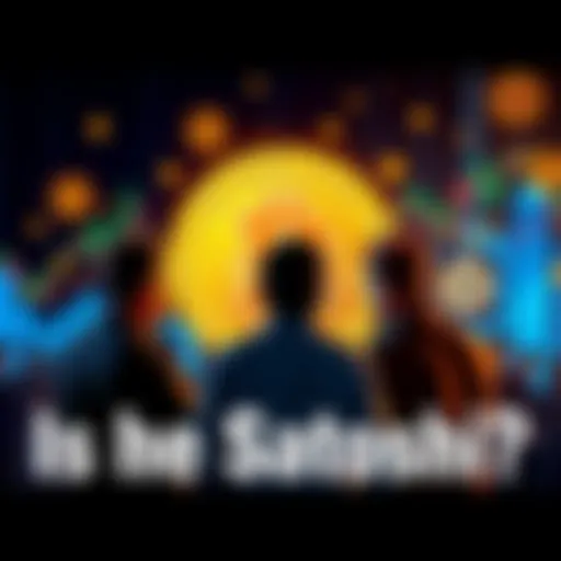 A group of people discussing theories about the identity of Satoshi Nakamoto with Bitcoin graphics in the background.