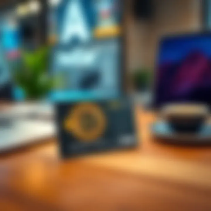 A Bitcoin Credit Card displayed on a wooden table with a laptop and coffee cup in the background.