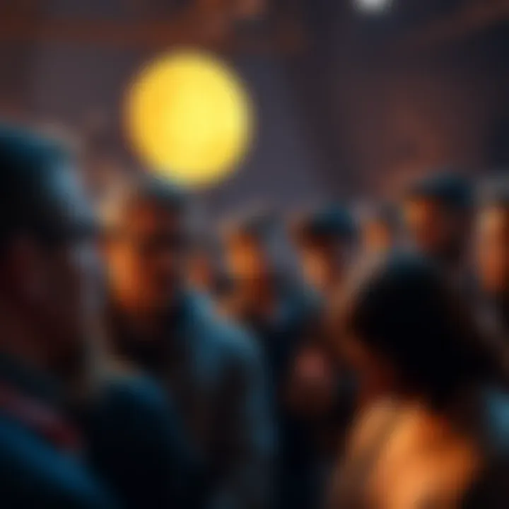 A group of people discussing Bitcoin, some looking skeptical while others appear enthusiastic, showcasing contrasting opinions on cryptocurrency.
