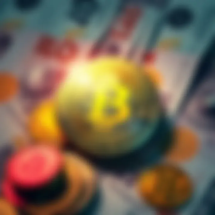 A graphic representation of Bitcoin coins against a backdrop of traditional fiat currency notes, symbolizing the shift towards digital currency.