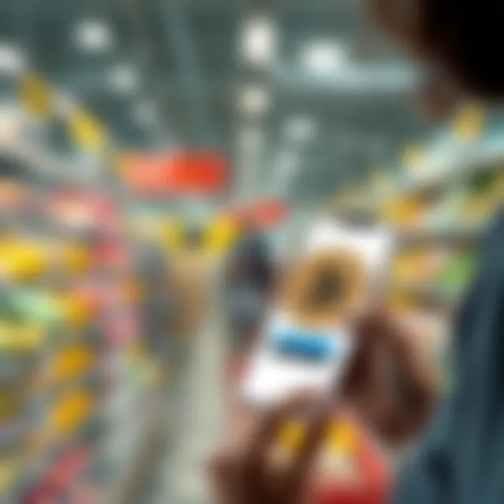 A person using a smartphone to make a purchase with Bitcoin at a grocery store.