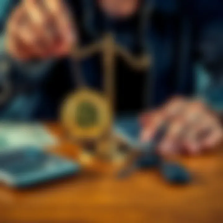 Person weighing the decision to sell bitcoin for cash or hold for future gains, with a calculator and car keys on the table, representing financial choices.