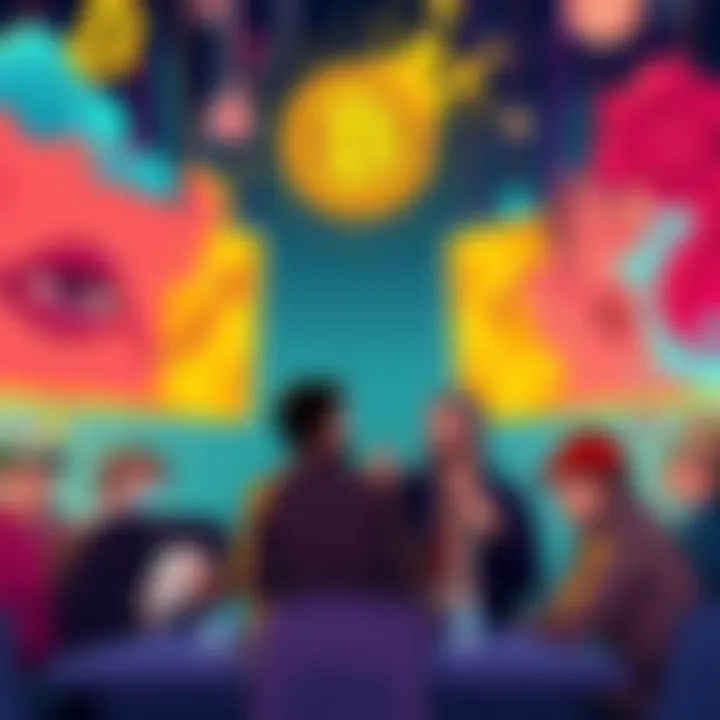 An illustration showing a group of Bitcoin advocates passionately discussing their views, with abstract representations of emotional barriers surrounding them, symbolizing their defense mechanisms.