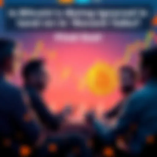 A group of people discussing Bitcoin, with charts and graphs in the background, showing market trends and concerns of long-term holders since 2020.