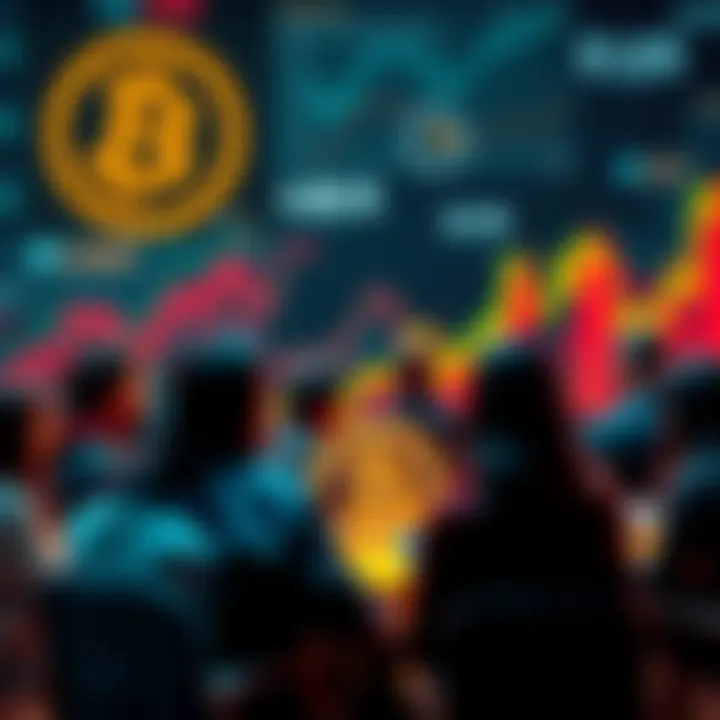 People engaging in a Bitcoin discussion with charts and graphs in the background.