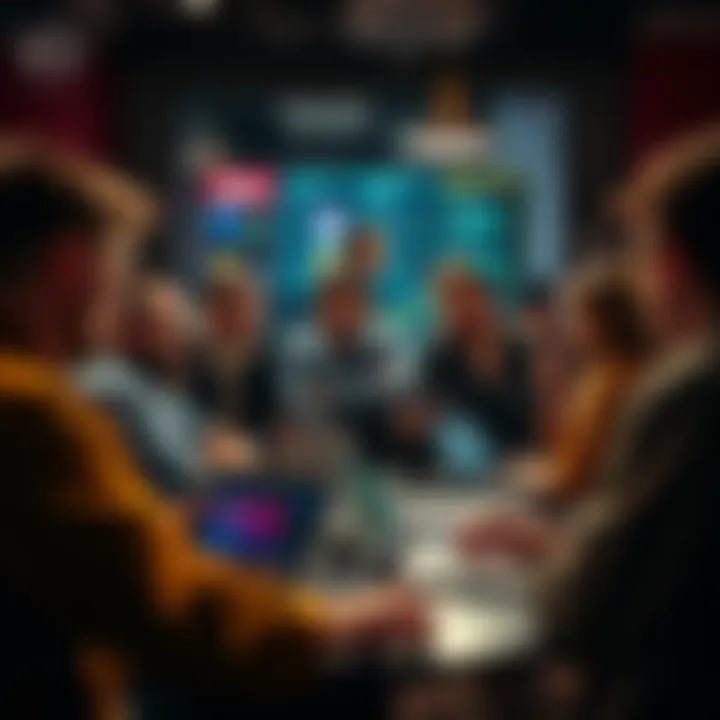 A group of people discussing Bitcoin in a casual setting, with laptops and phones visible, highlighting a mix of interest and control in the conversation.
