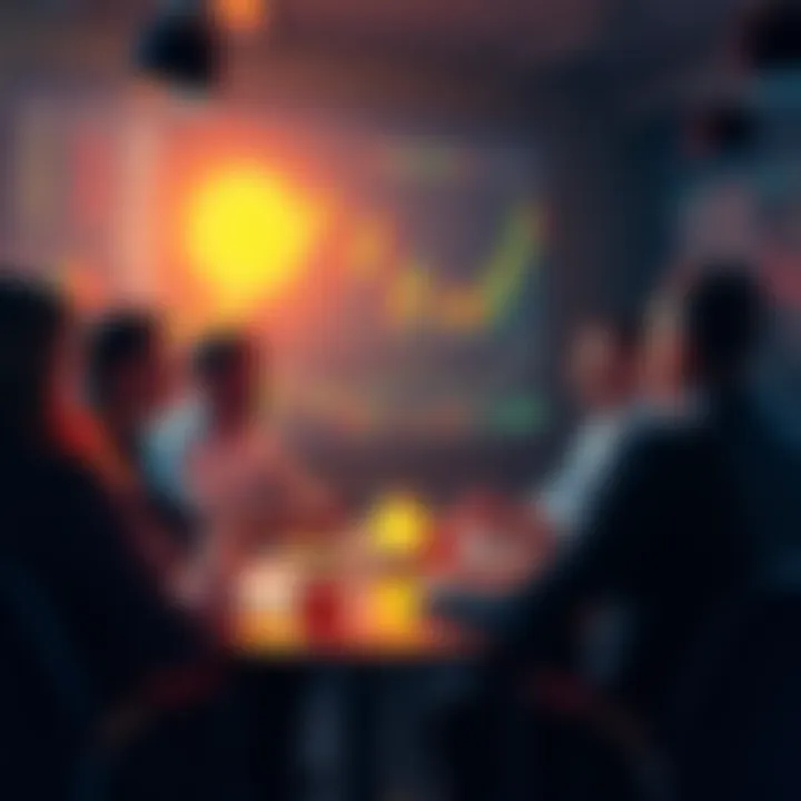 A group of people engaged in a Bitcoin discussion, sharing ideas and insights, with cryptocurrency charts visible in the background.