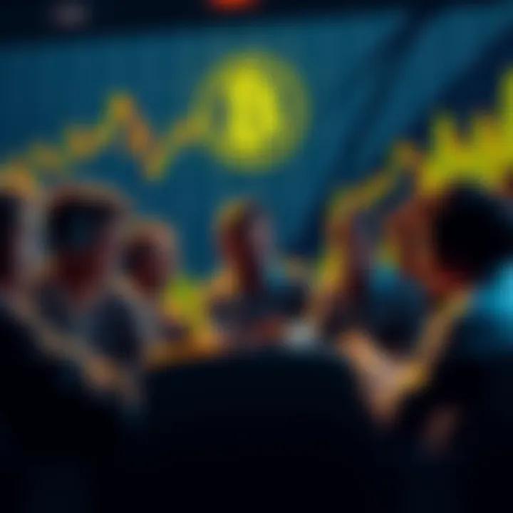 A group of people engaging in a lively discussion about Bitcoin, with charts and graphs in the background.