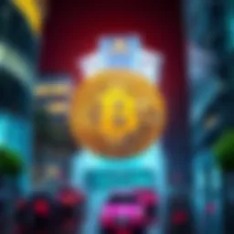 A visual representation of Bitcoin symbol with a backdrop of traditional financial buildings, showcasing the clash of digital currency against conventional finance