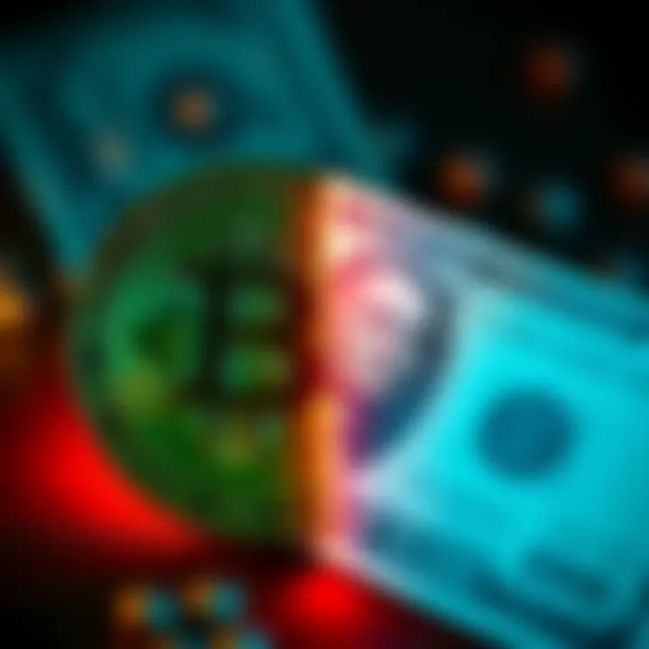 Bitcoin and Dollar Coin A split image showing a Bitcoin symbol on one side and a dollar bill on the other, representing the relationship between cryptocurrency and fiat currency.