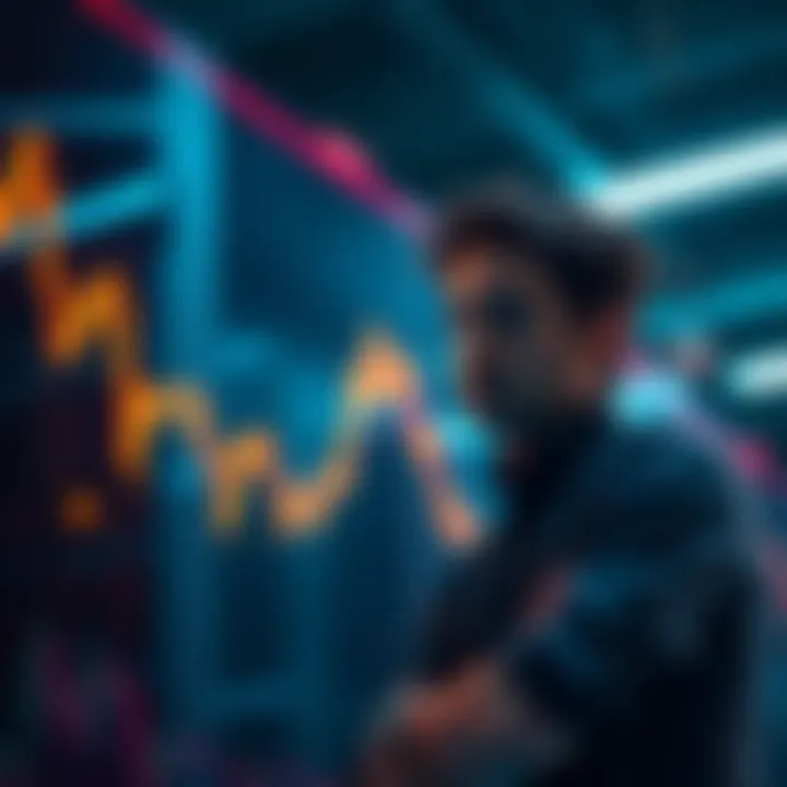 A graph showing a downward trend in Bitcoin prices with a worried investor looking on.