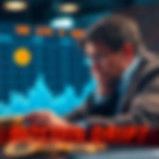 A graphic showing a downward trend in Bitcoin value with a worried investor.