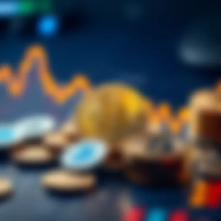 A visual representation of Bitcoin's potential impact on the economy with coins and a graph showing deflation.