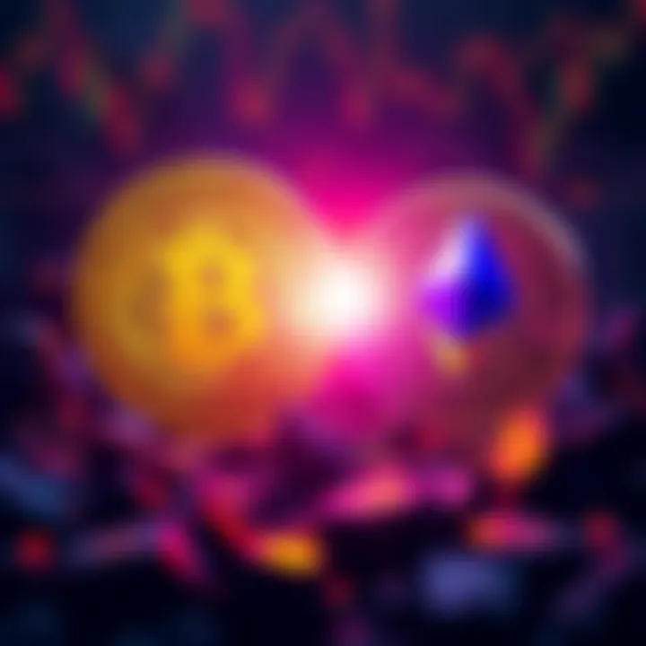 A visual representation of Bitcoin and Ethereum competing in the cryptocurrency market, with Bitcoin symbol on one side and Ethereum symbol on the other, showcasing their rivalry.