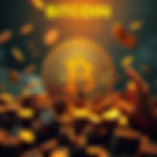 A Bitcoin symbol surrounded by coins and imagery representing financial freedom, such as a person breaking chains, illustrating empowerment and independence in finance.