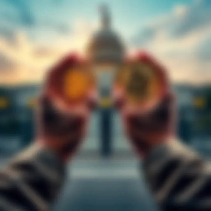 Hands holding Bitcoin coins with a distressed background of a closed government building, symbolizing the need for alternative financial solutions during a government shutdown.
