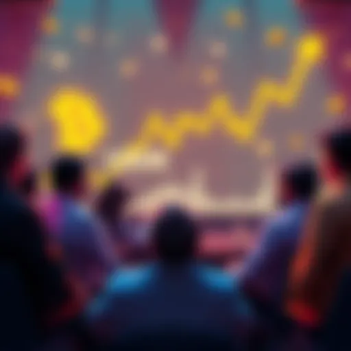 A group of people debating the rebranding of a forum as Bitcoin reaches new highs, with digital currency symbols and a rising chart in the background.