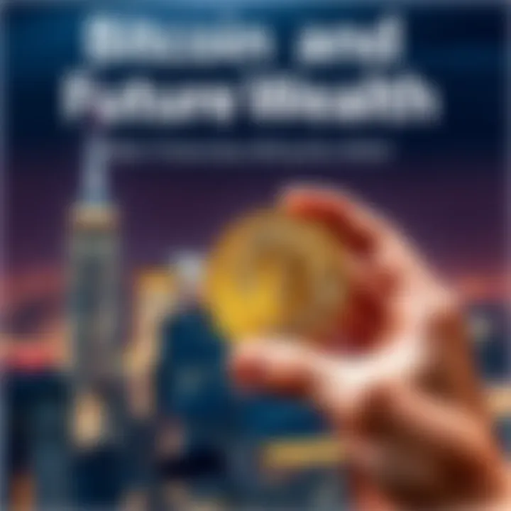A person holding a physical Bitcoin coin with a city skyline in the background, representing financial independence in the 2030s.
