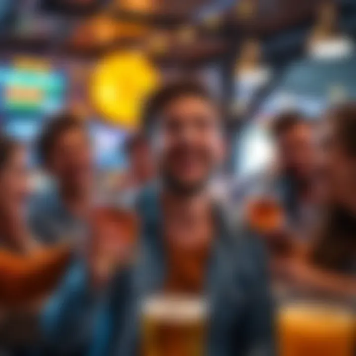 A cheerful person holding a drink, celebrating a small profit from Bitcoin with friends in a lively atmosphere.