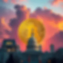A Bitcoin symbol overshadowed by government buildings, representing financial manipulation and control.