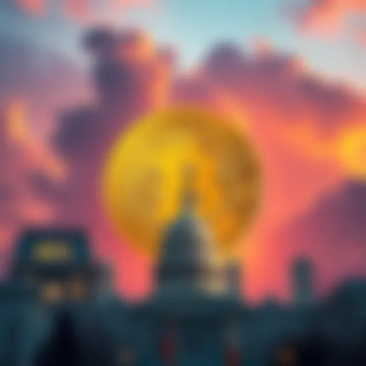 A Bitcoin symbol overshadowed by government buildings, representing financial manipulation and control.