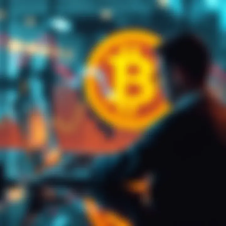 A person analyzing Bitcoin trends on a laptop with the cryptocurrency symbol in the background