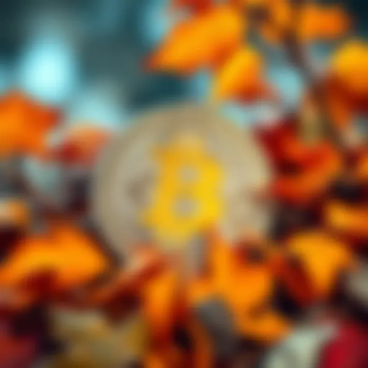 Bitcoin Growth in Fall Season Bitcoin symbol with autumn leaves representing the seasonal shift and investment opportunities