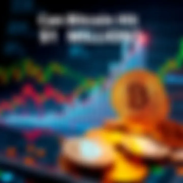 A graph showing Bitcoin's price rising sharply toward $1 million with a backdrop of digital coins and financial charts.
