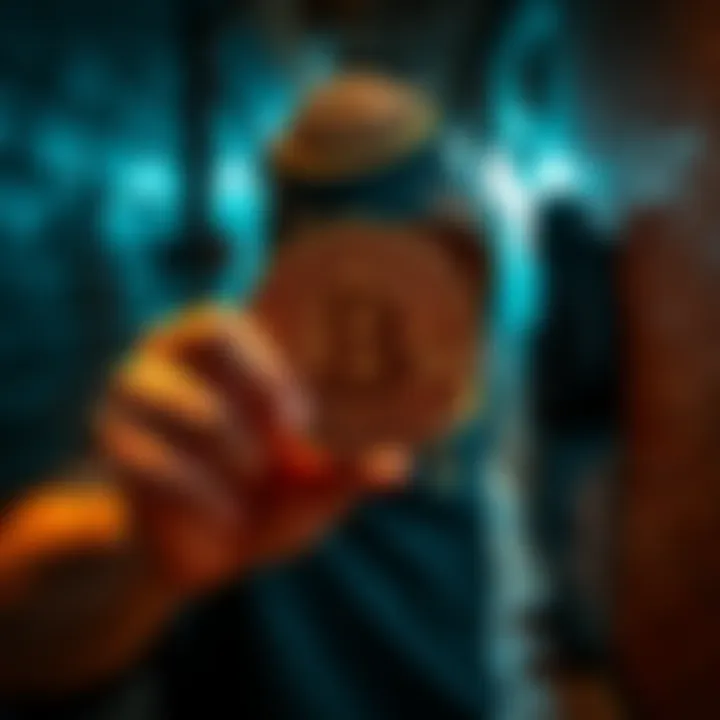 A person holding a Bitcoin symbol looks worried while being approached by a stranger in a dark alley